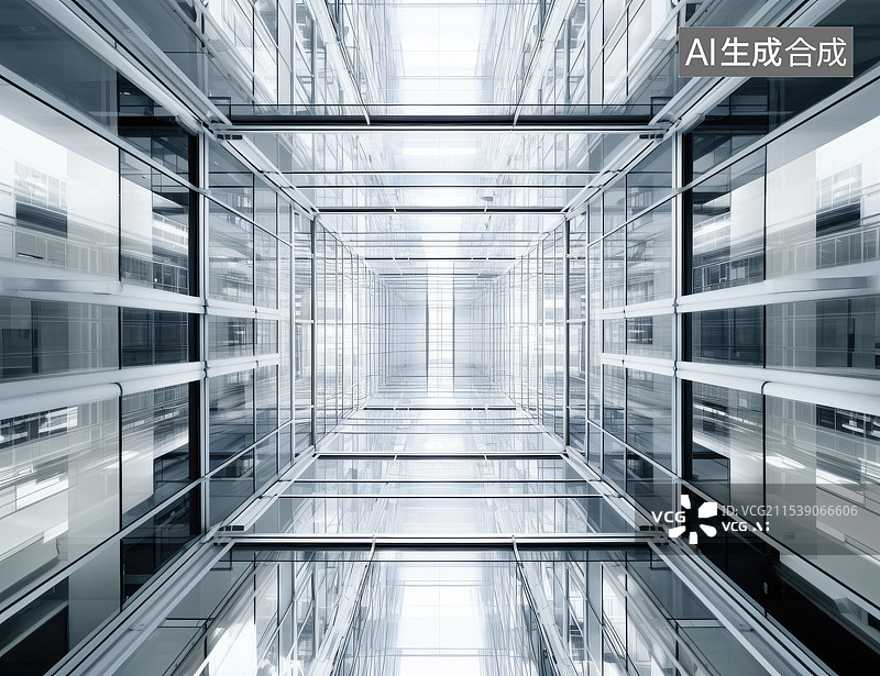 【AI数字艺术】干净明亮的方形钢结构玻璃幕墙，室内旋转楼梯空间建筑结构图片素材