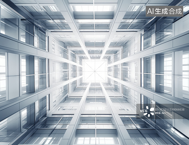 【AI数字艺术】干净明亮的方形钢结构玻璃幕墙，室内旋转楼梯空间建筑结构图片素材