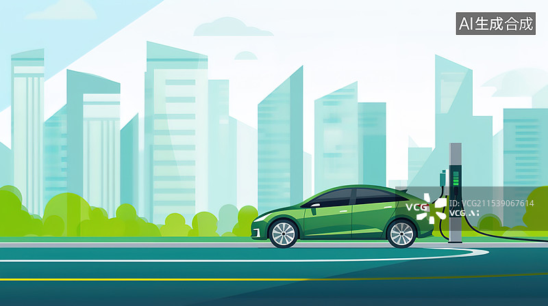 【AI数字艺术】偏平风电车环保插画图片素材