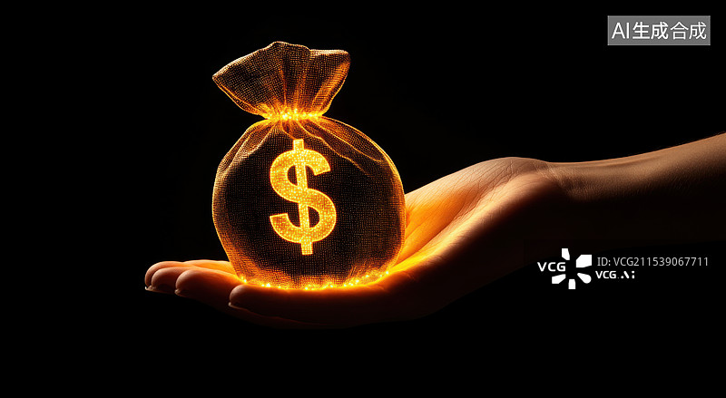 【AI数字艺术】手掌托着一个发光带有美元符号的钱袋子，经济发展金融投资理财概念黑色背景图片素材