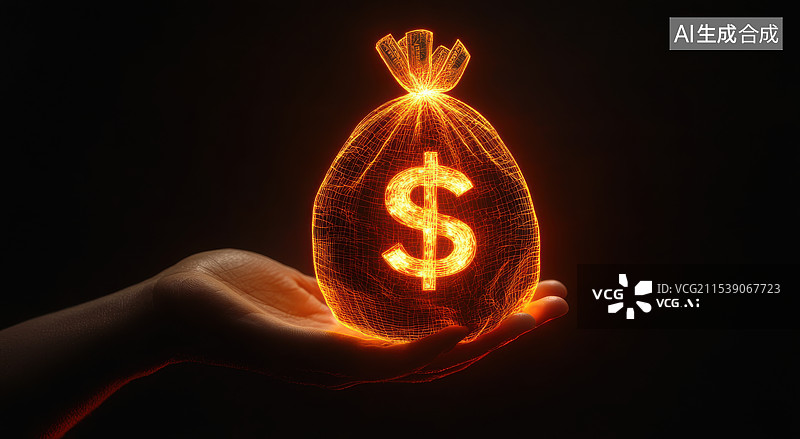 【AI数字艺术】手掌托着一个发光带有美元符号的钱袋子，经济发展金融投资理财概念黑色背景图片素材
