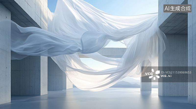 【AI数字艺术】现代城市建筑空间与飘逸的丝绸布料图片素材