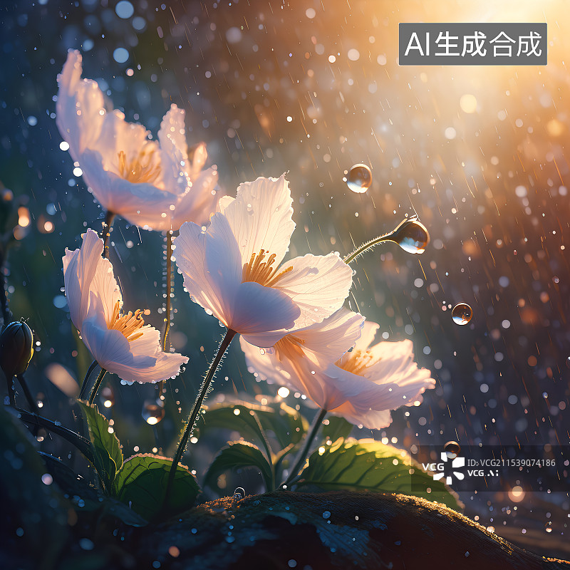 【AI数字艺术】雨中的白色虞美人特写，植物花卉特写图片素材