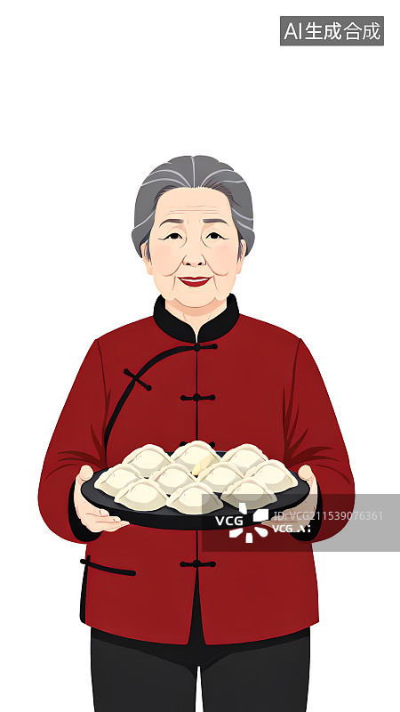 【AI数字艺术】中国风手绘人物，手里拿着一盘饺子的老奶奶，老人，穿着传统服饰，春节新年，年画，传统节日图片素材