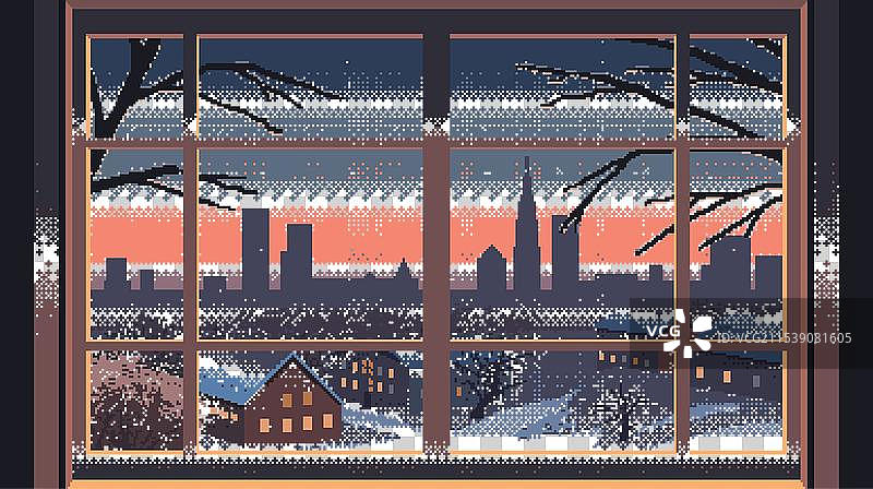 像素艺术风景：从窗户俯瞰冬季城市图片素材