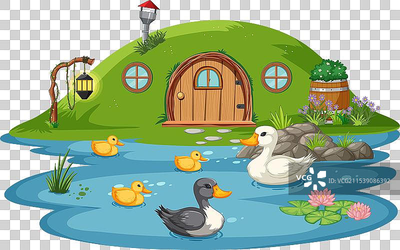 鸭子在一个奇幻的山坡小屋旁游泳图片素材