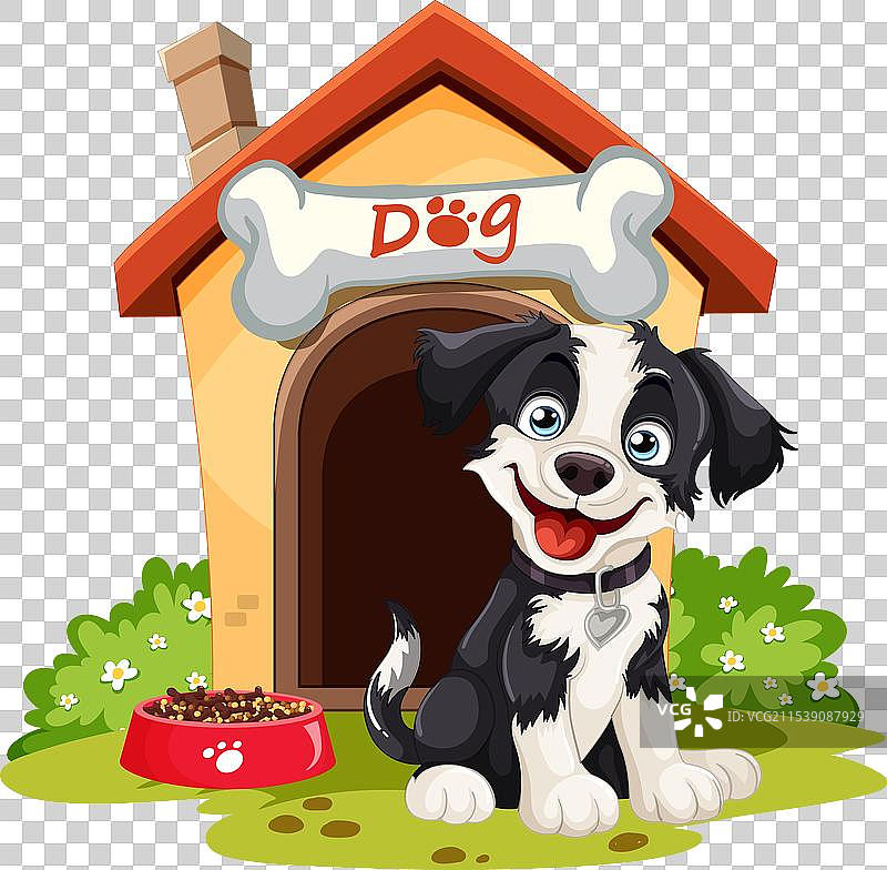 卡通小狗与狗屋和食碗图片素材