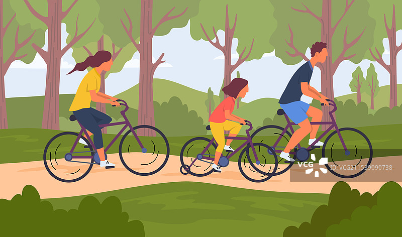 卡通色彩人物家庭骑行图片素材