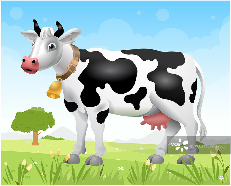 阳光明媚的日子里，草坪上的卡通牛图片素材