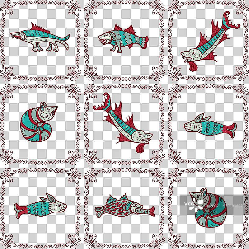 中世纪兽谱风格的水生生物图案图片素材
