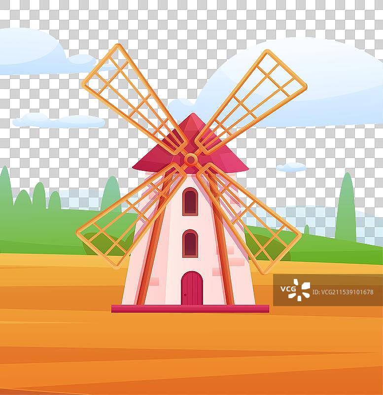 卡通风车在田野上的农场与农业图片素材