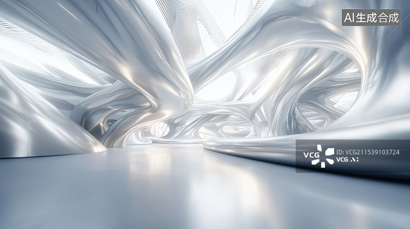 【AI数字艺术】流动的银色液态金属空间图片素材