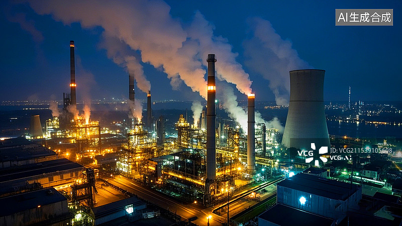 【AI数字艺术】灯火通明的火力发电厂夜景航拍全景图图片素材