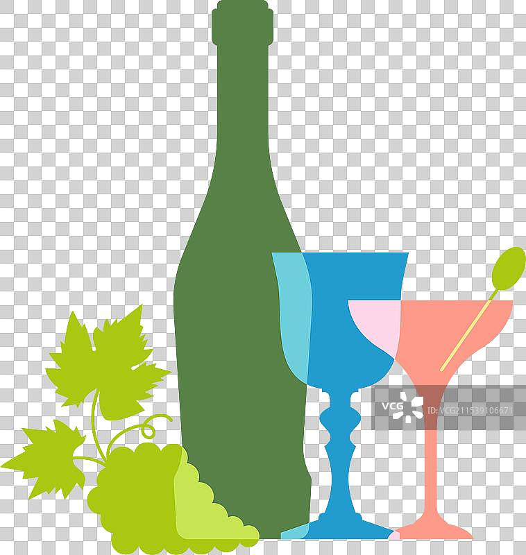 酒瓶与剪影酒杯和葡萄图片素材