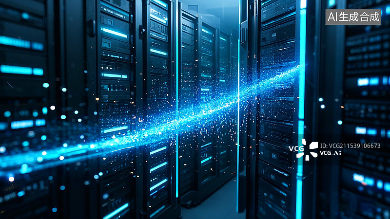 【AI数字艺术】高速运行的数据中心机房图片素材
