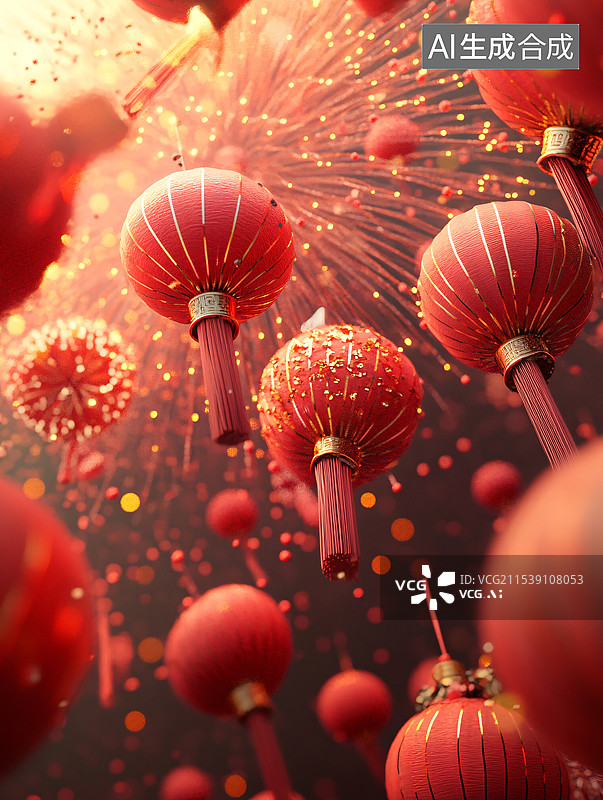 【AI数字艺术】烟火和红灯笼喜庆新年图片素材