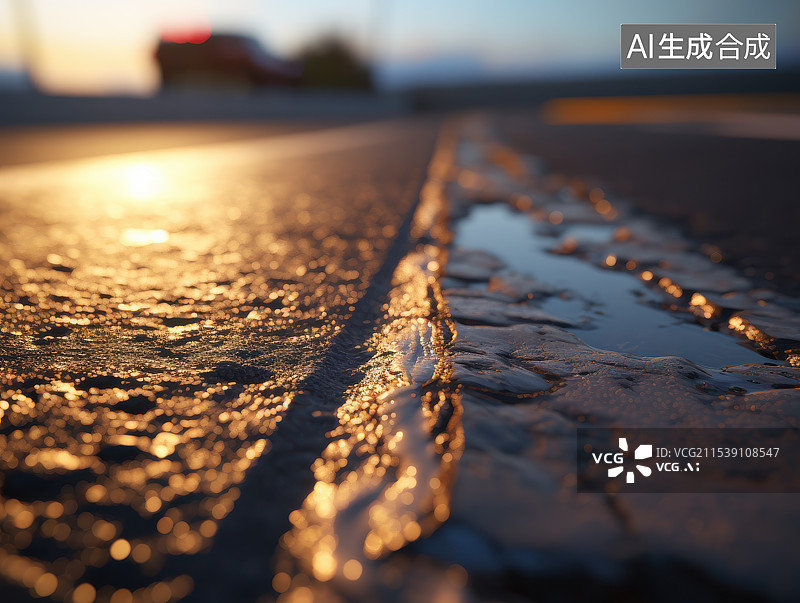 【AI数字艺术】日落余晖下的石板路，金色光影铺满地面图片素材