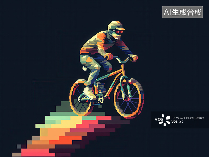 【AI数字艺术】像素山地车骑士，极限运动的色彩图片素材