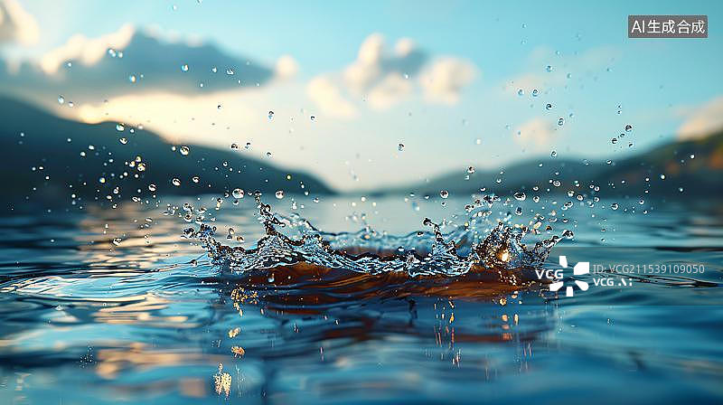 【AI数字艺术】平静水面上溅起的特写镜头  飞溅的水花图片素材