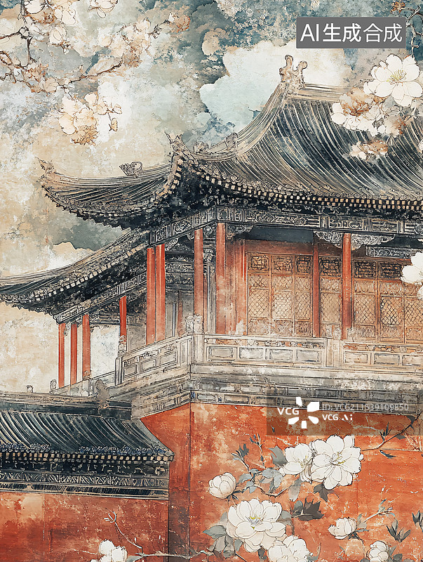 【AI数字艺术】中国风工笔画古建筑图片素材