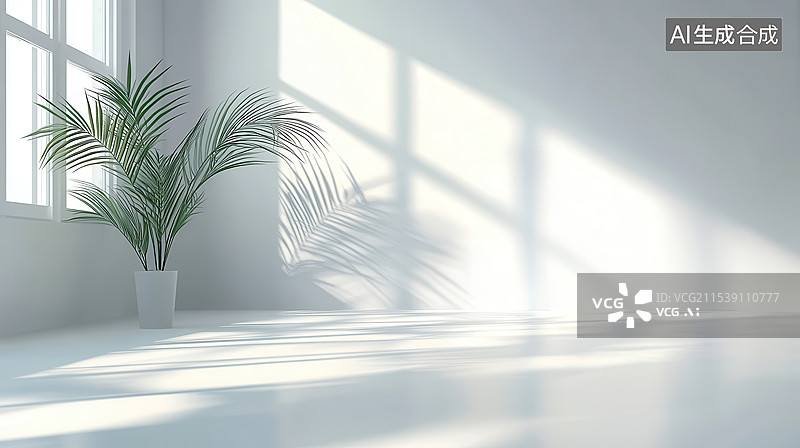 【AI数字艺术】极简主义现代建筑内部光影绿植图片素材
