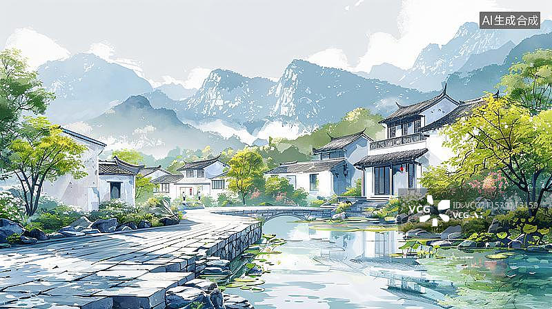 【AI数字艺术】江南水乡建筑和山水插画 水墨画图片素材