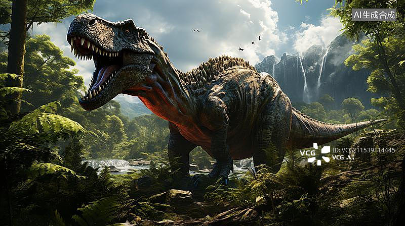 【AI数字艺术】丛林中的恐龙咆哮特写图片素材