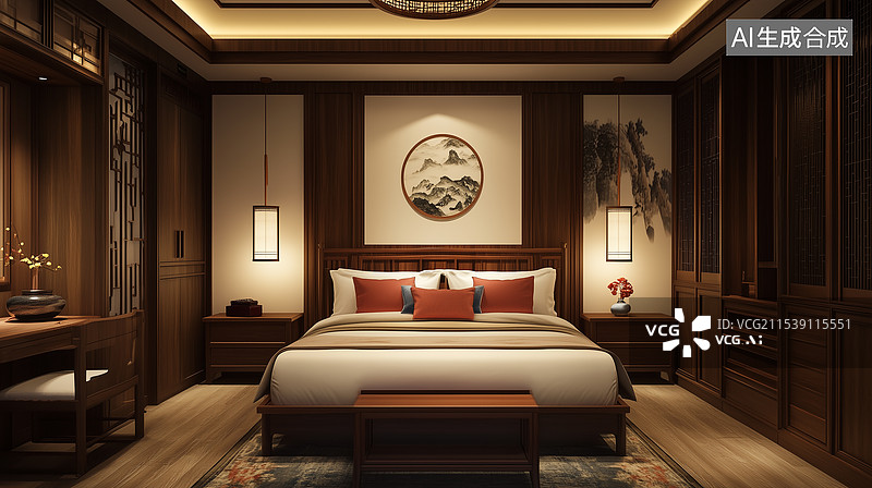 【AI数字艺术】中式极简现代风格卧室设计图片素材