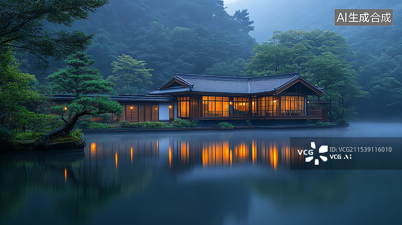【AI数字艺术】夜幕下的中式古园林风景图片素材