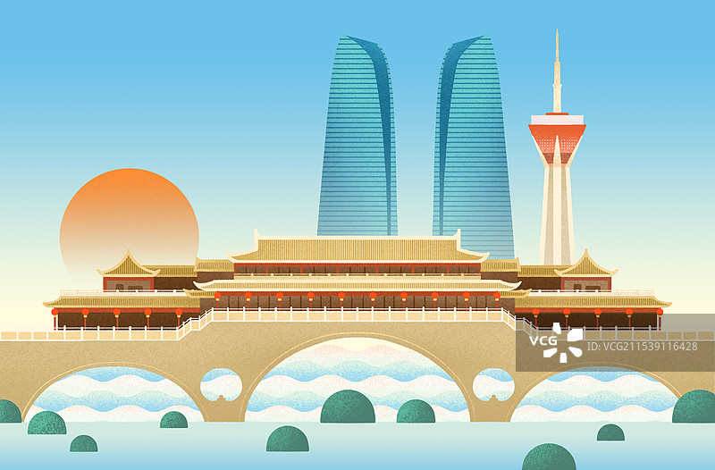 四川成都城市地标建筑安顺廊桥扁平插画图片素材