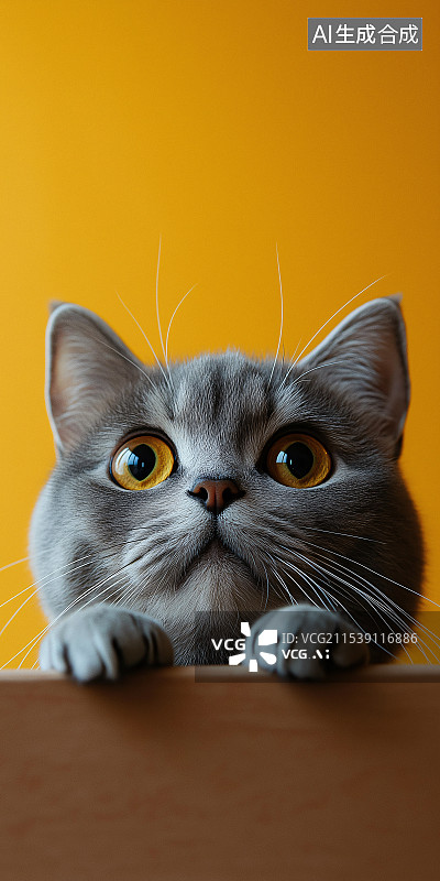 【AI数字艺术】：实拍黄色底蓝猫头像，蓝瞳圆眼憨态可掬，毛色纯净，萌宠特写真实可爱，尽显宠物的独特魅力。图片素材