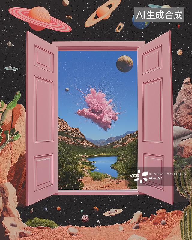 【AI数字艺术】任意门开启宇宙探索之旅，科幻奇幻交织，穿越星际，驶向浩瀚星空，开启未知奥秘的冒险航行。图片素材