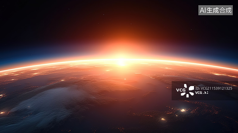 【AI数字艺术】外太空视角太阳从地平线升起的地球全景图片素材