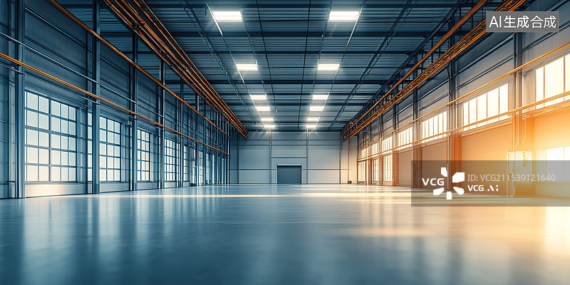 【AI数字艺术】阳光下现代宽敞明亮的工厂仓库室内空间图片素材