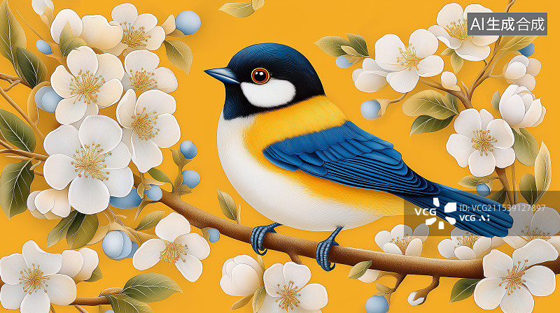 【AI数字艺术】中国工笔画站在梅花枝头上的喜鹊图片素材