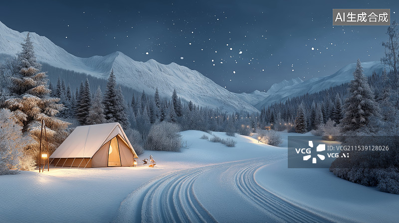 【AI数字艺术】冬季户外山中的雪中帐篷图片素材