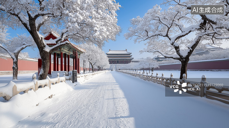 【AI数字艺术】雪后的中国公园古建筑图片素材