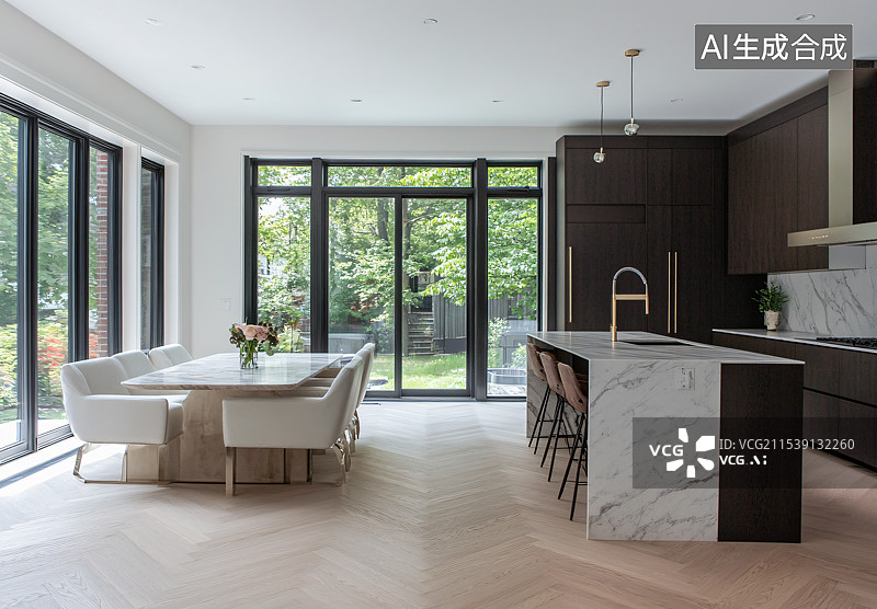 【AI数字艺术】现代居住空间的室内设计，开放式厨房布局和设计图纸图片素材