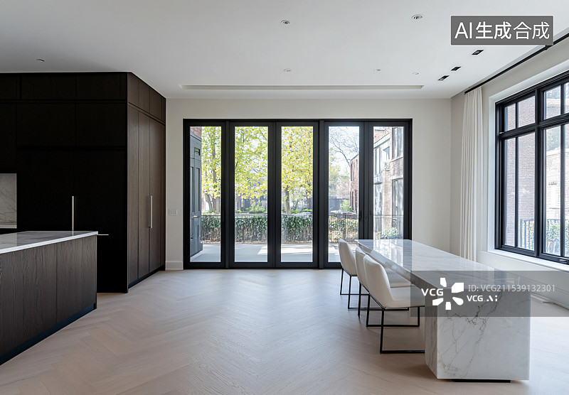 【AI数字艺术】现代居住空间的室内设计，开放式厨房布局和设计图纸图片素材