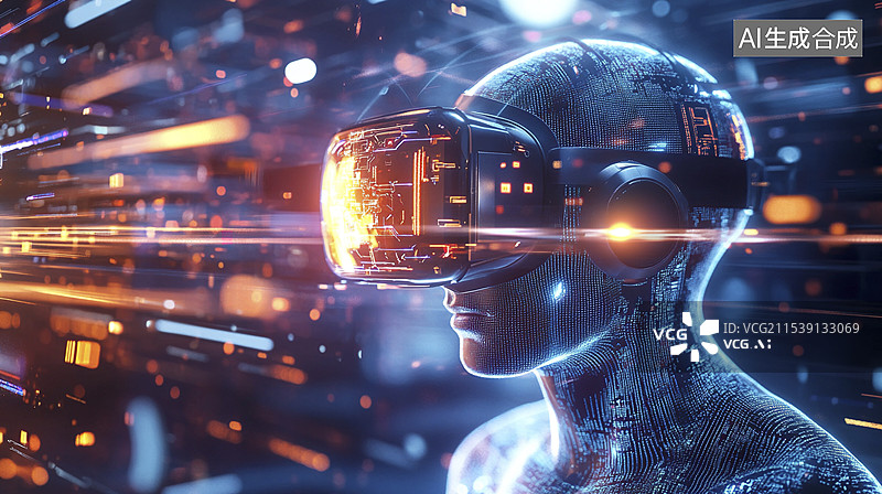 【AI数字艺术】虚拟现实科技主题海报——一个虚拟数字人戴着VR眼镜图片素材