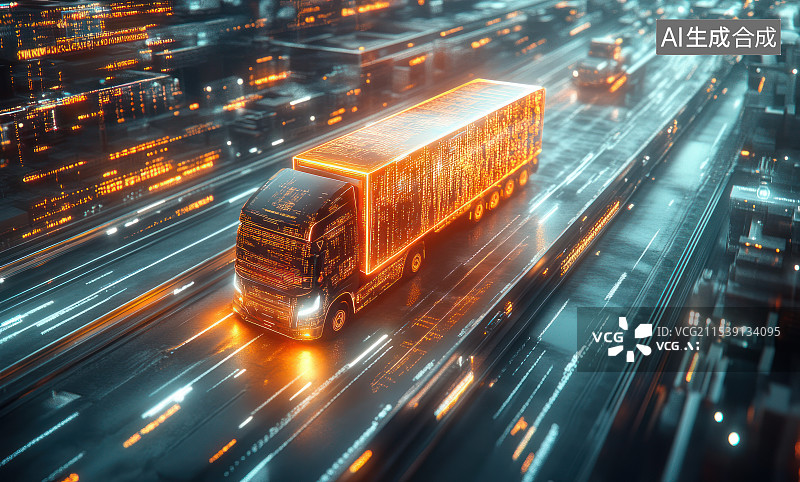 【AI数字艺术】科技感粒子光线货车物流运输概念场景图片素材