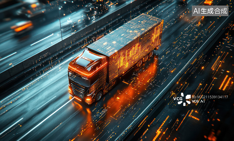 【AI数字艺术】科技感粒子光线货车物流运输概念场景图片素材