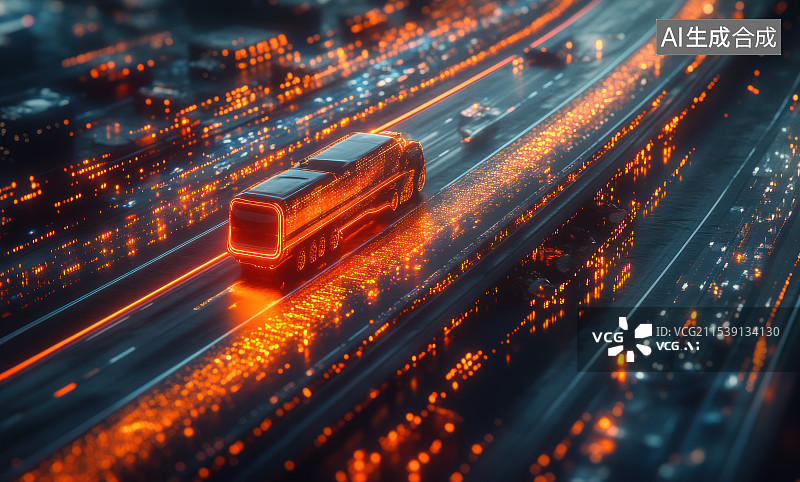 【AI数字艺术】科技感粒子光线货车物流运输概念场景图片素材