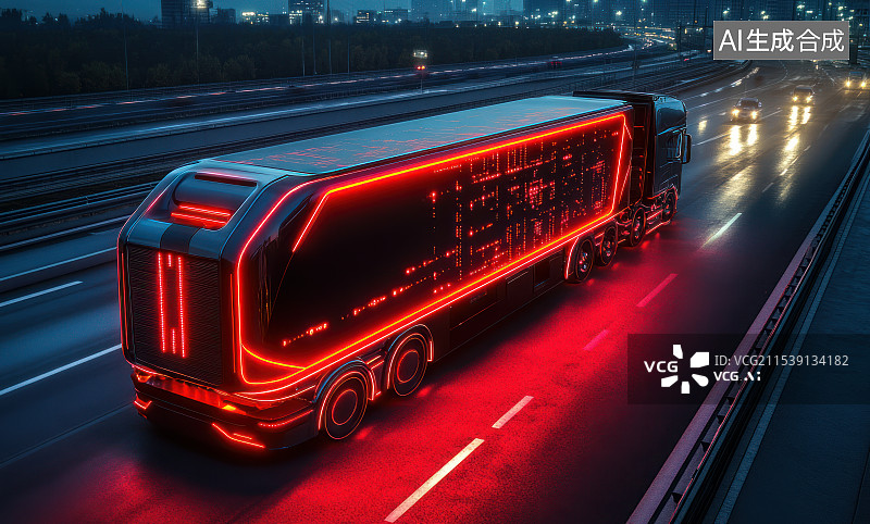 【AI数字艺术】科技感粒子光线货车物流运输概念场景图片素材