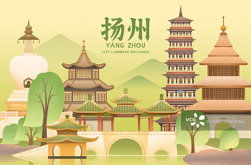 江苏扬州地标建筑插画-瘦西湖五亭桥四望亭文昌阁白塔栖灵塔图片素材