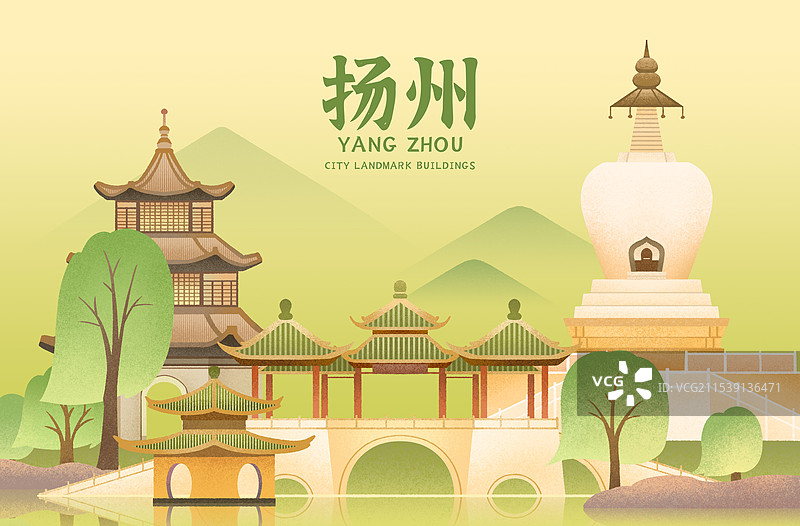 江苏扬州地标建筑插画-瘦西湖五亭桥四望亭白塔图片素材