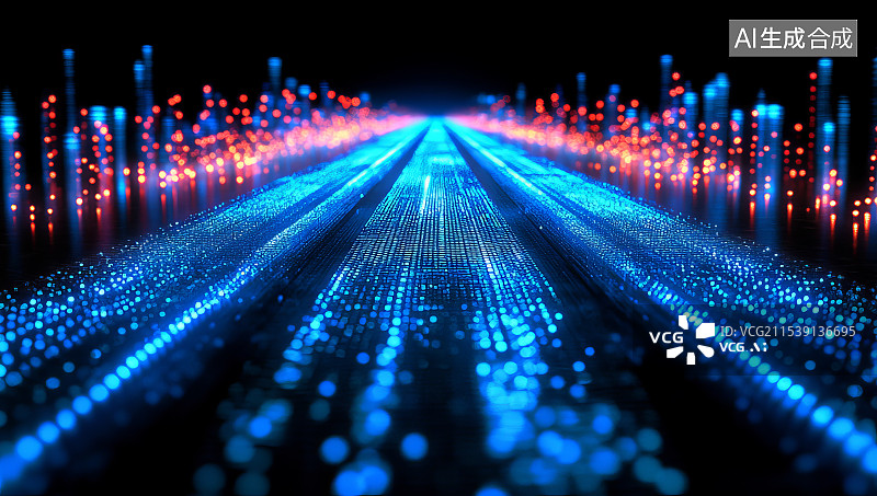【AI数字艺术】蓝色粒子光线组成的数字化科技感道路图片素材