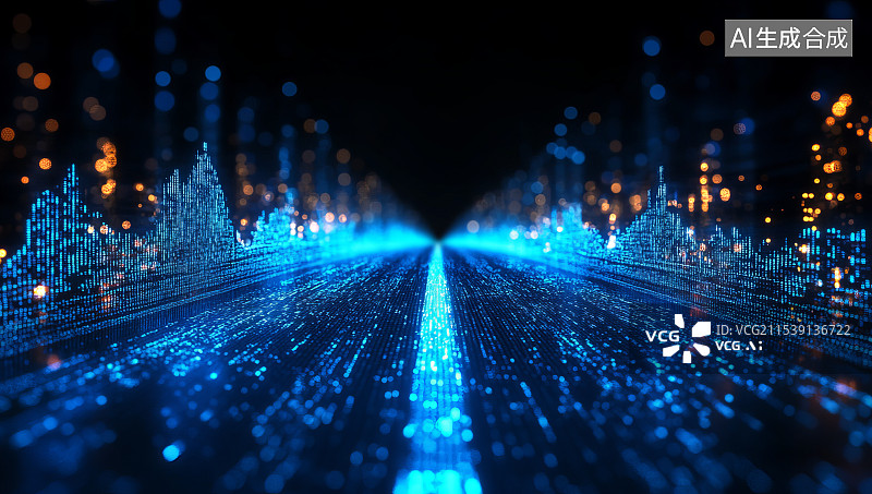 【AI数字艺术】蓝色粒子光线组成的数字化科技感道路图片素材