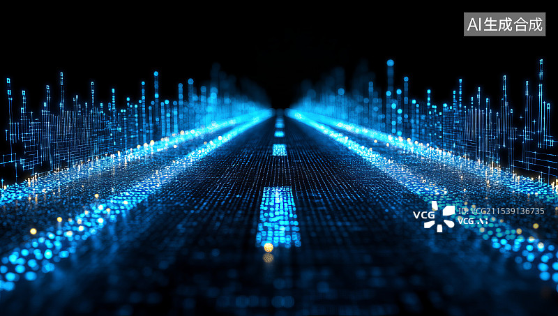 【AI数字艺术】蓝色粒子光线组成的数字化科技感道路图片素材