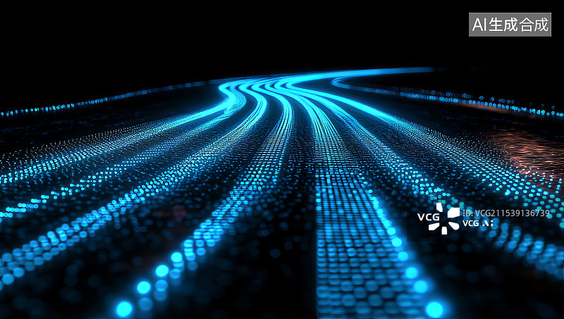 【AI数字艺术】蓝色粒子光线组成的数字化科技感道路图片素材